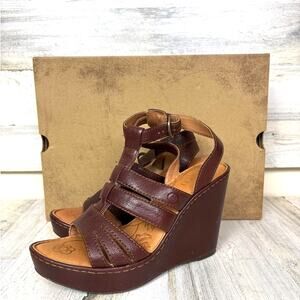 Born Womens 8 Brown Filomenta Leather Wedge Platform Sandal Buckle Ankle Casual